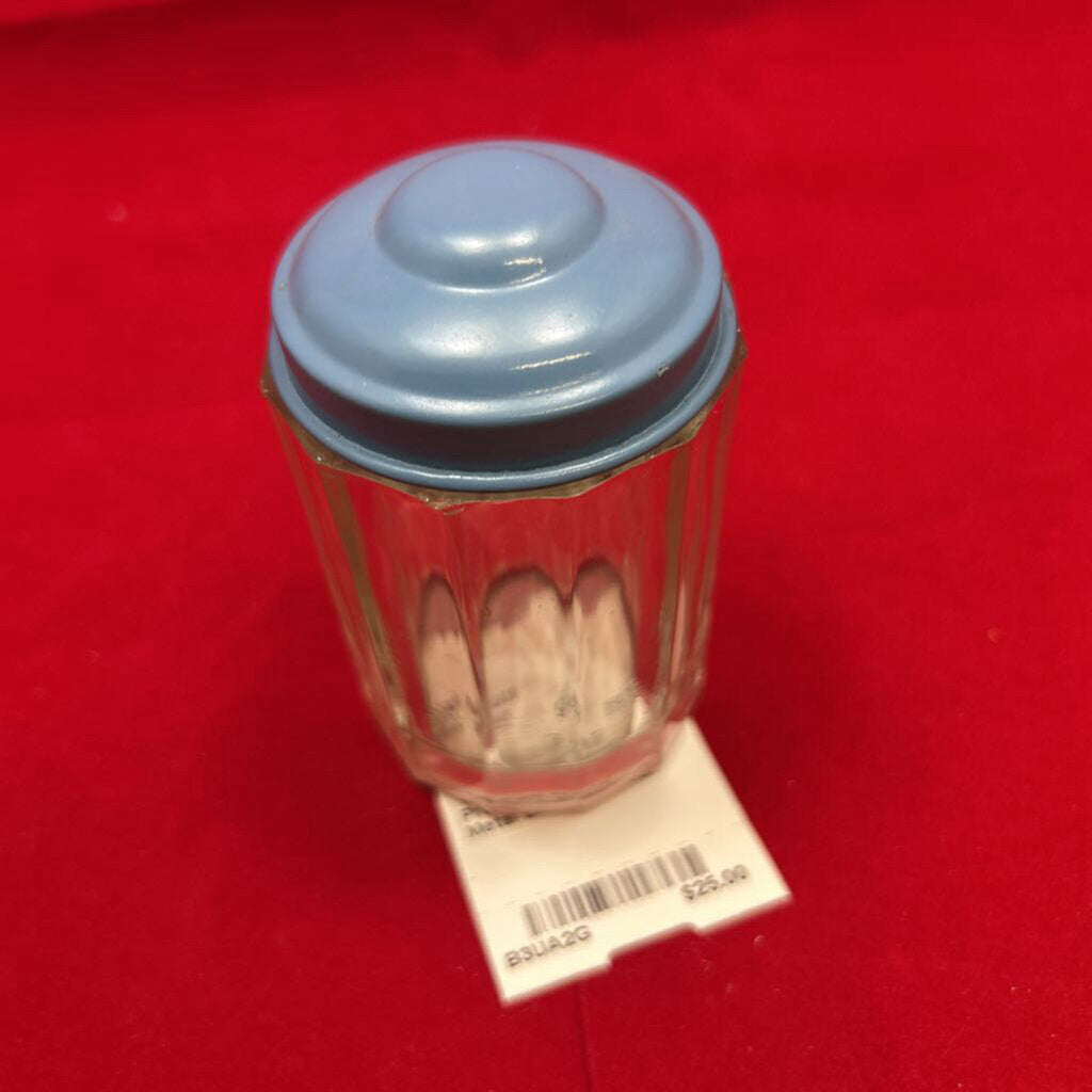 Vtg Glass Shaker, Pressed Glass, Blue Metal Lid. 1930s-50s.