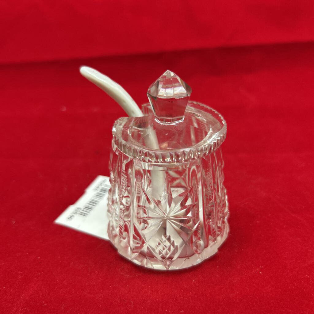 Vtg Cut Glass Condiment Holder with Lid & Spoon