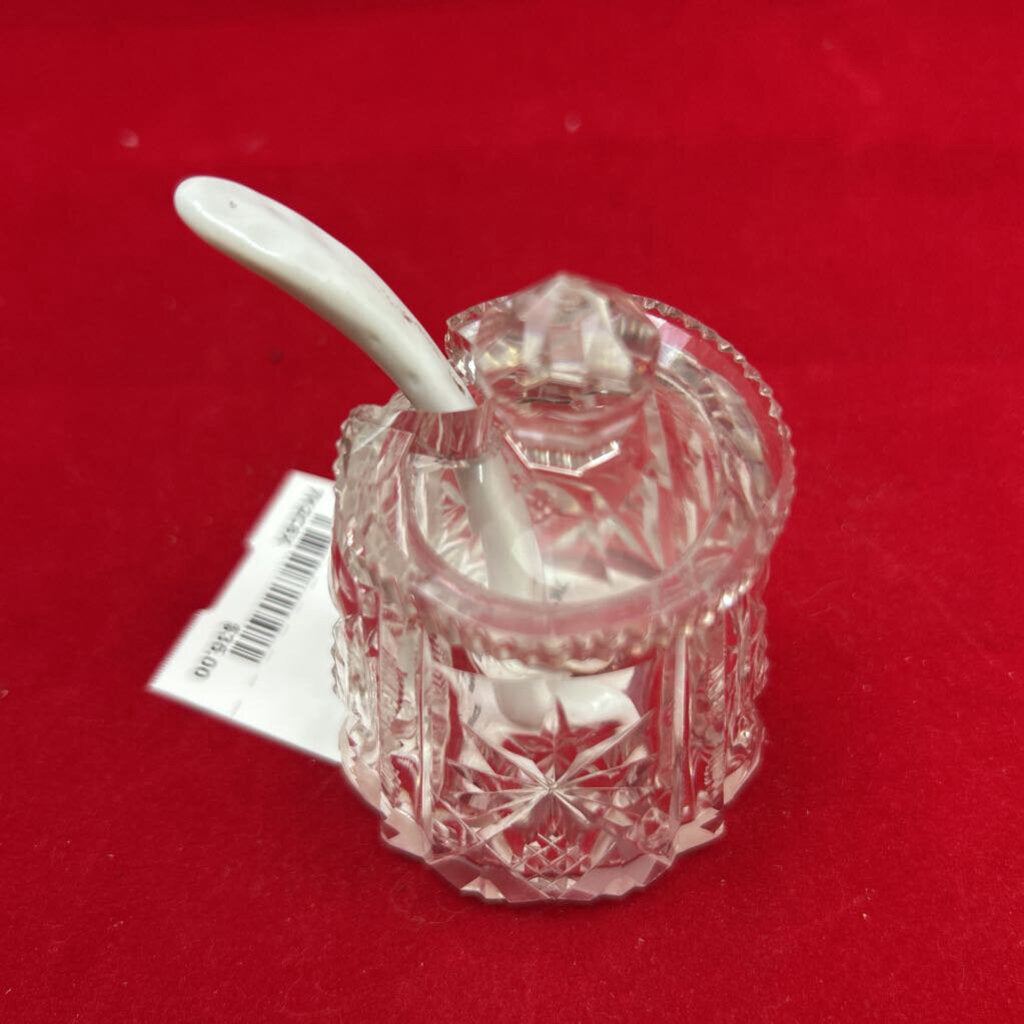 Vtg Cut Glass Condiment Holder with Lid & Spoon