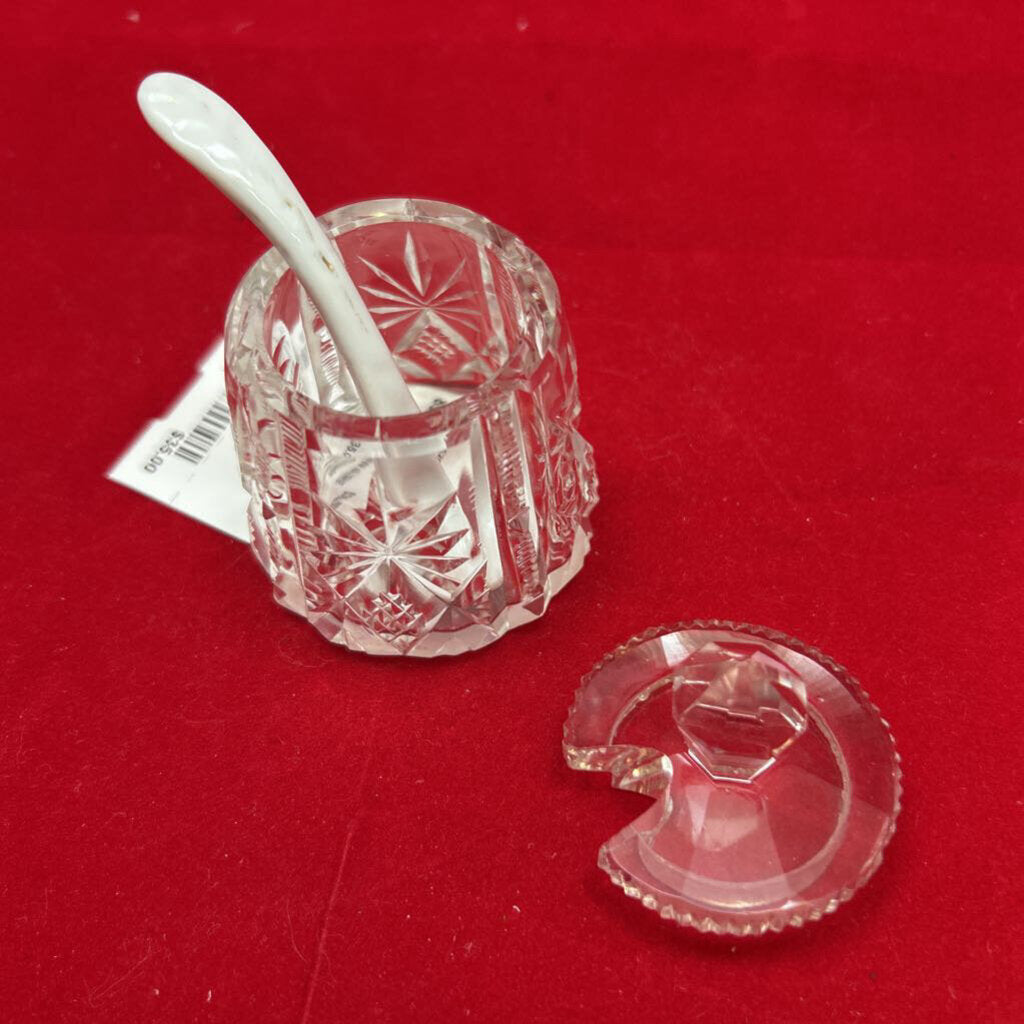 Vtg Cut Glass Condiment Holder with Lid & Spoon