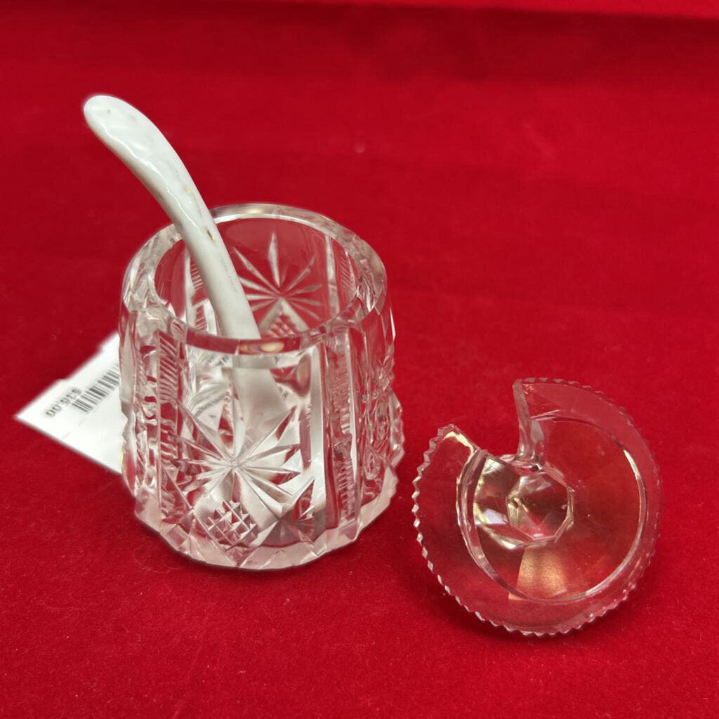 Vtg Cut Glass Condiment Holder with Lid & Spoon