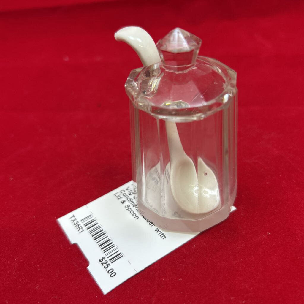 Vtg Cut Glass Condiment Holder with Lid & Spoon