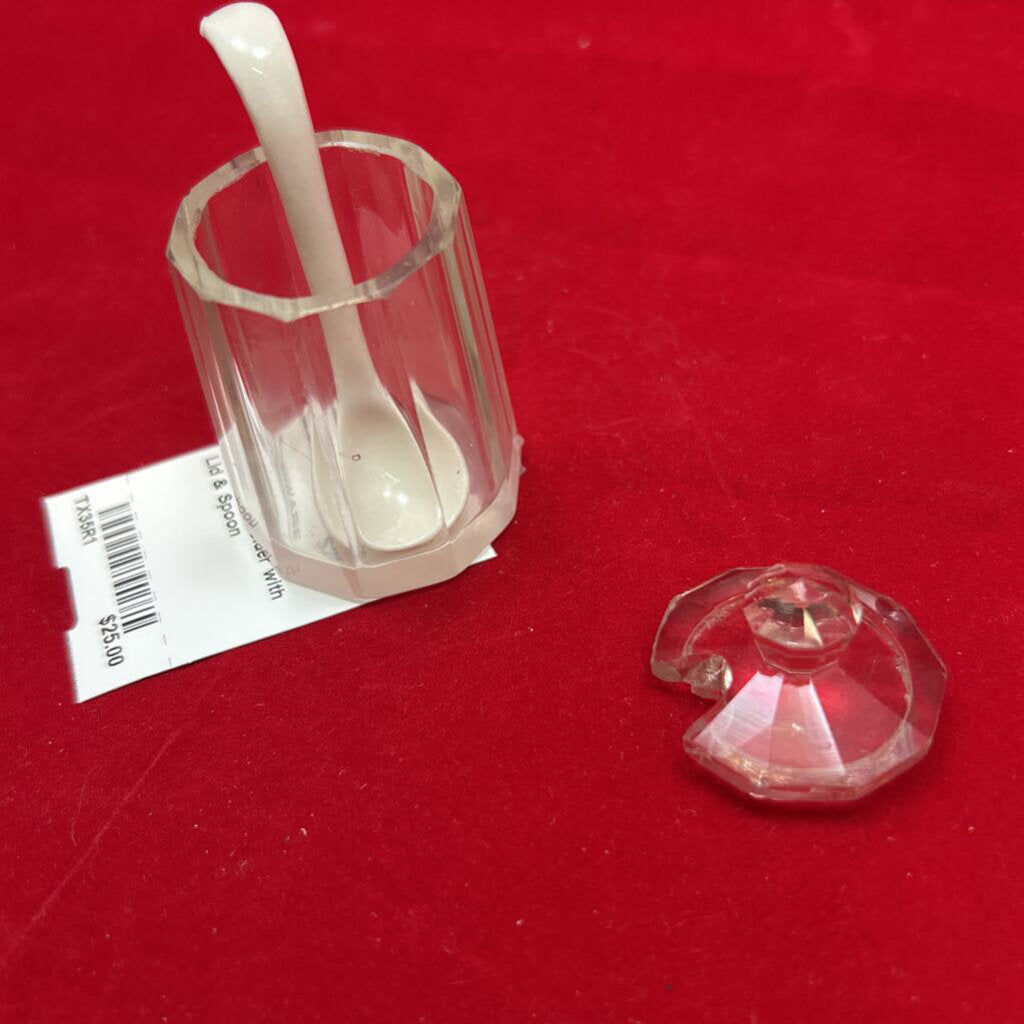 Vtg Cut Glass Condiment Holder with Lid & Spoon