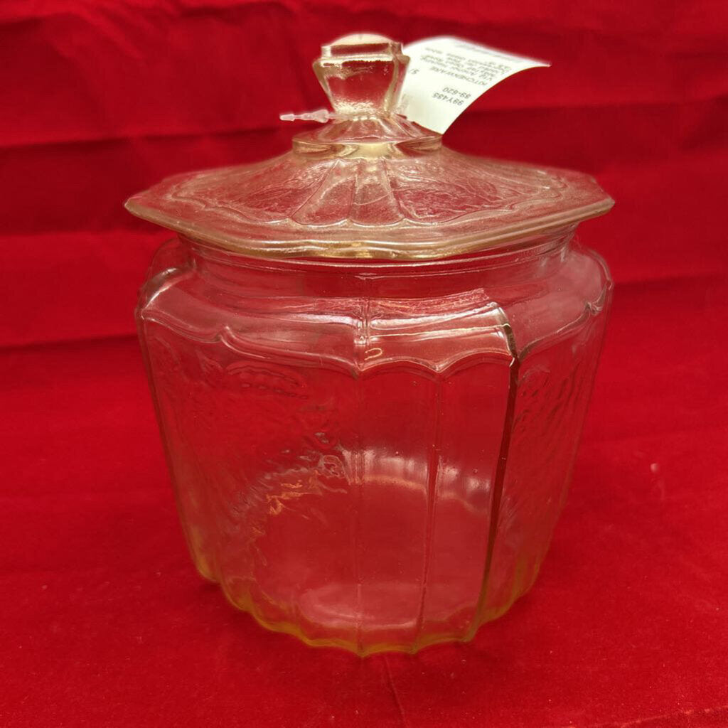 Vtg Anchor Hocking "Mayfair Open Rose" Lidded Jar, Pink Depression Glass 1930s. *AS IS*