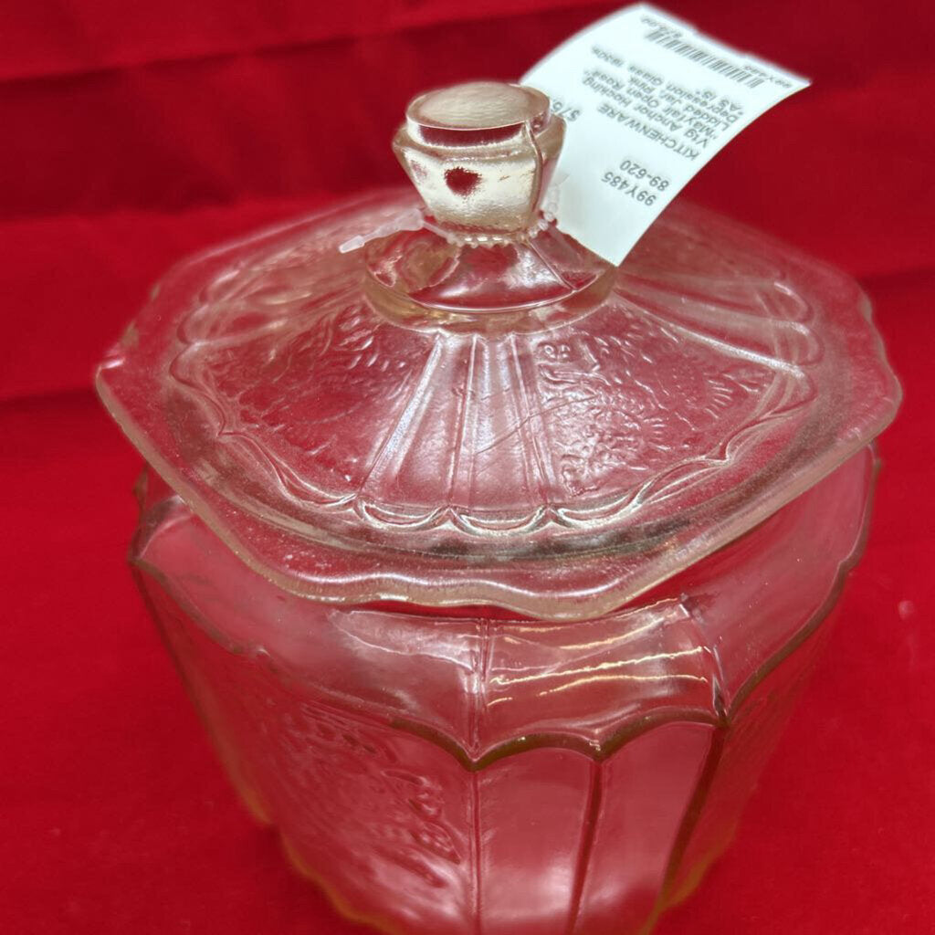 Vtg Anchor Hocking "Mayfair Open Rose" Lidded Jar, Pink Depression Glass 1930s. *AS IS*