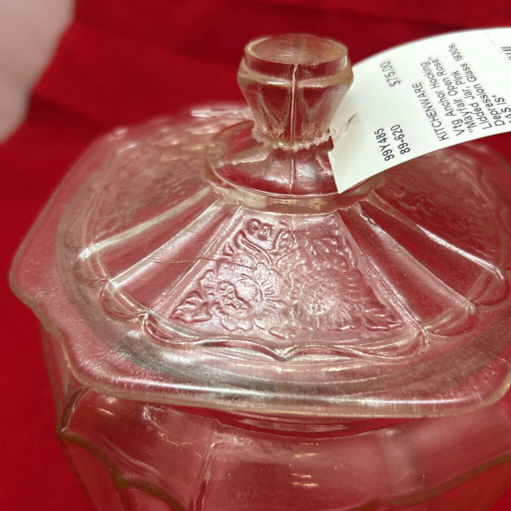 Vtg Anchor Hocking "Mayfair Open Rose" Lidded Jar, Pink Depression Glass 1930s. *AS IS*