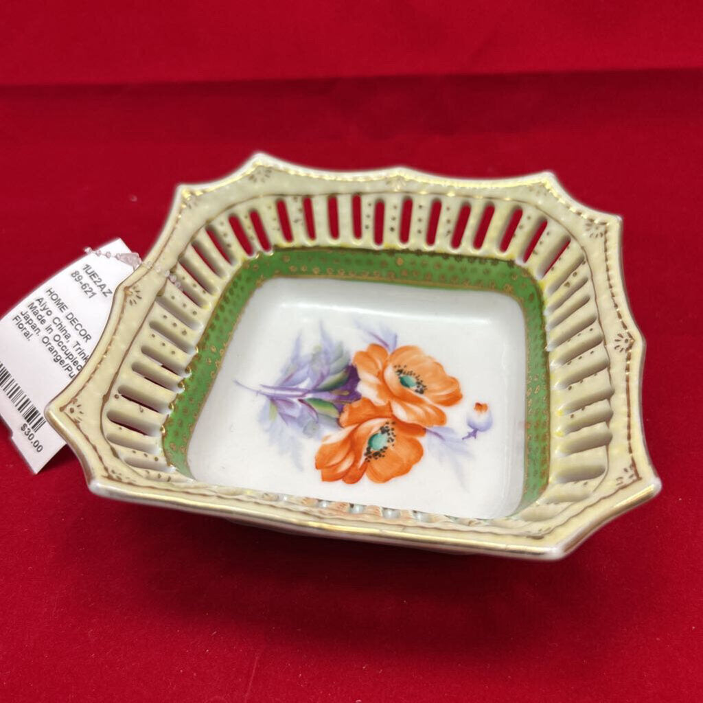 Aiyo China, Trinket Dish, Made in Occupied Japan. Orange/Purple Floral.