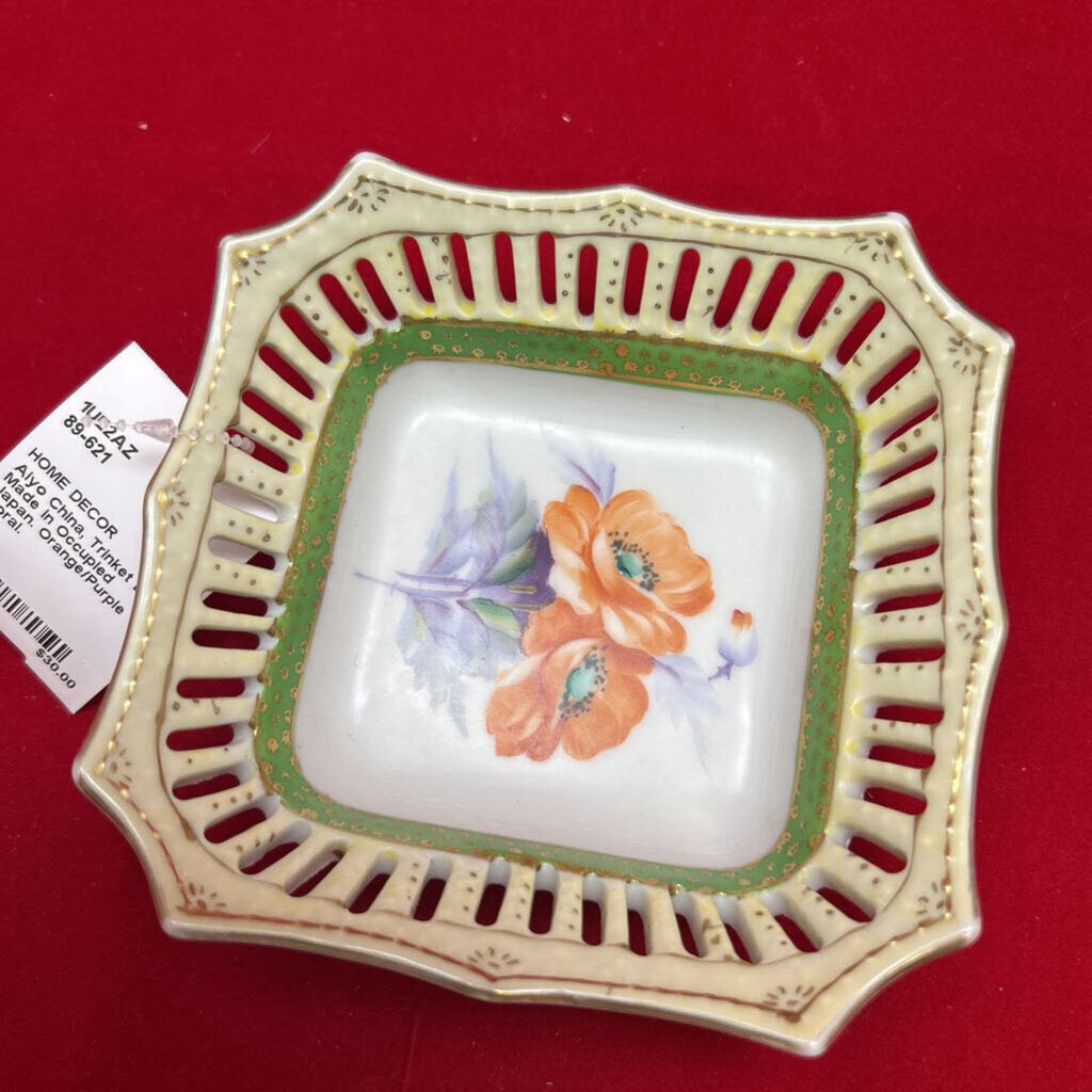 Aiyo China, Trinket Dish, Made in Occupied Japan. Orange/Purple Floral.
