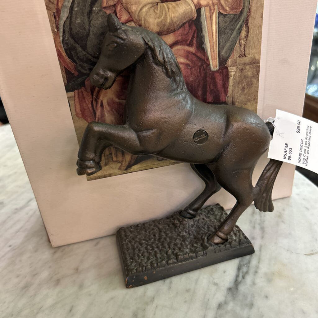 Vtg Cast Iron Prancing Horse on Pebbled Base