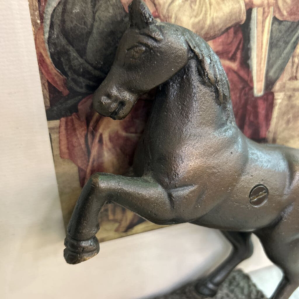 Vtg Cast Iron Prancing Horse on Pebbled Base