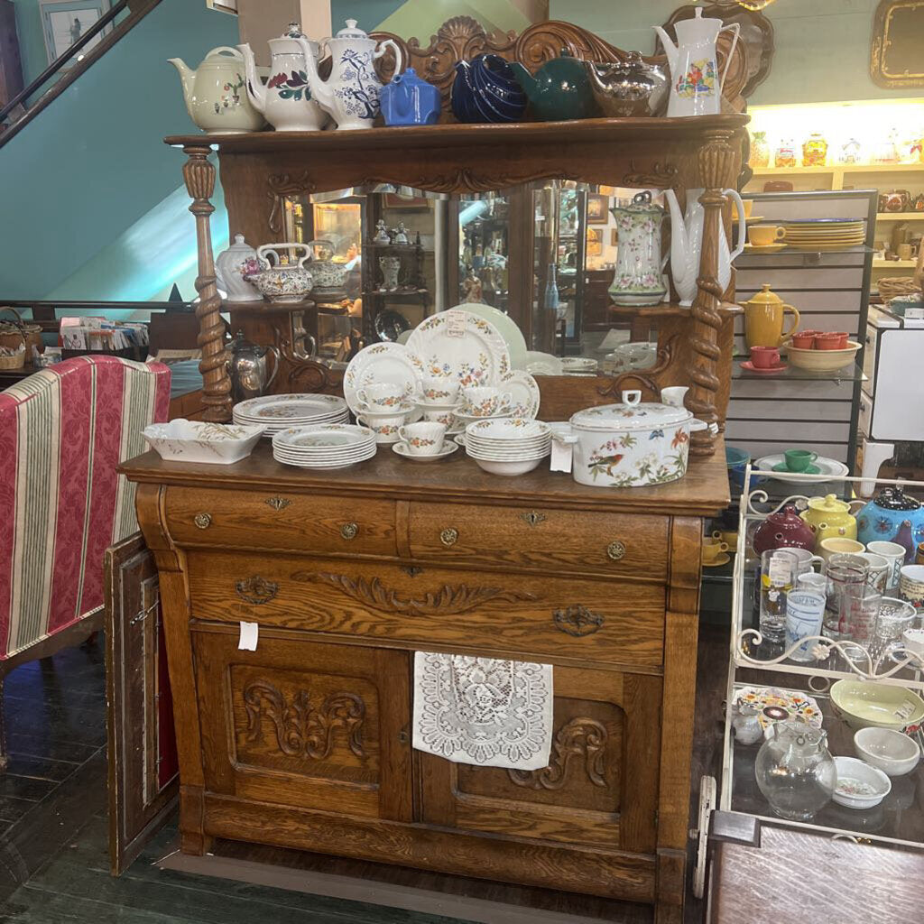 American Oak Buffet w/ Mirrored Back Shelving Display; circa 1900-15