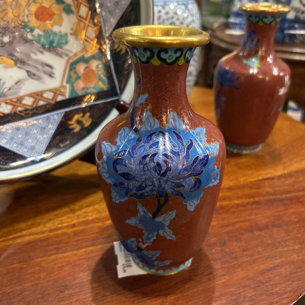 Chinese Cliosonne Enamel Vase 1920s-40s, Red Rust Background, Blue Peony.