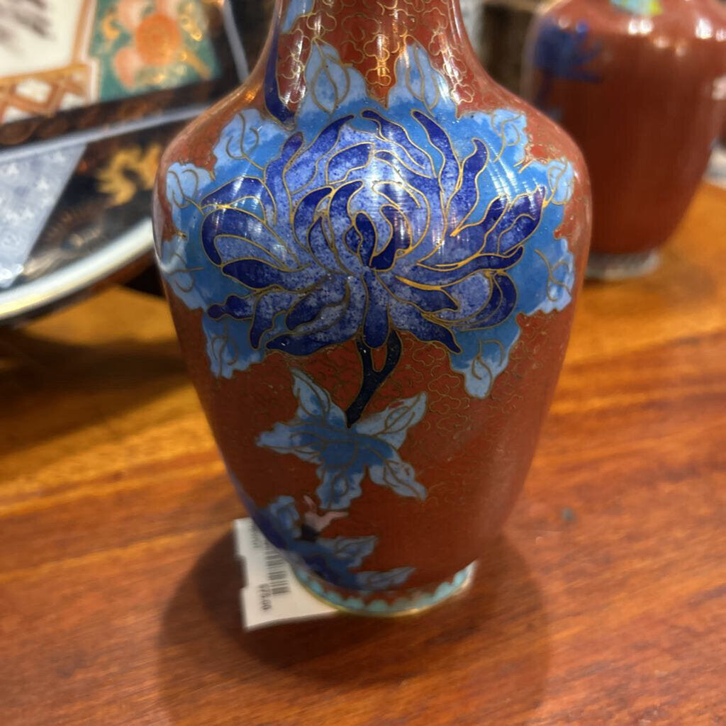 Chinese Cliosonne Enamel Vase 1920s-40s, Red Rust Background, Blue Peony.
