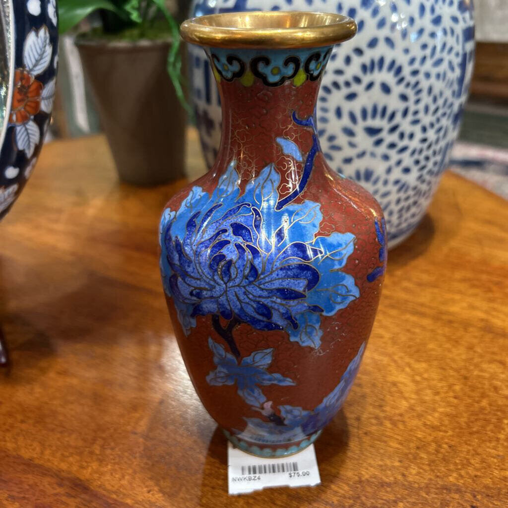 Chinese Cliosonne Enamel Vase 1920s-40s, Red Rust Background, Blue Peony.