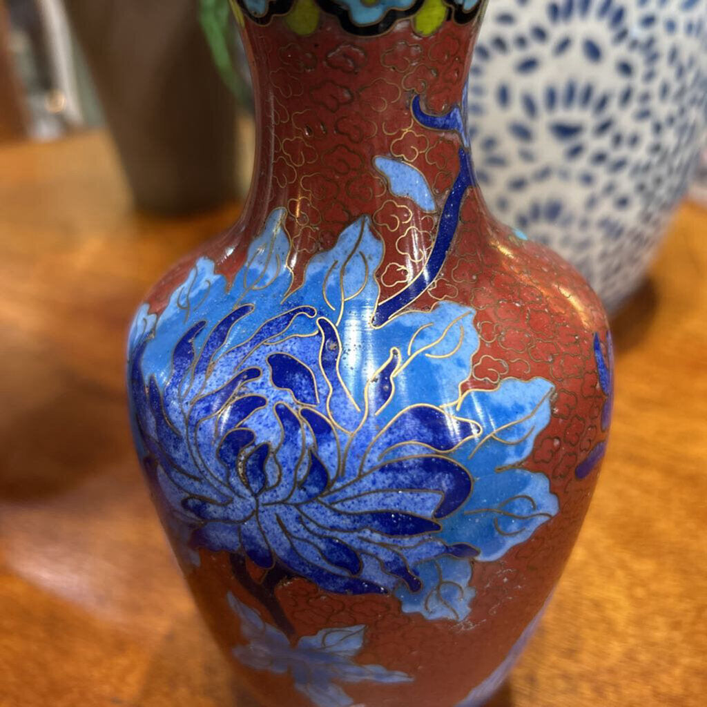 Chinese Cliosonne Enamel Vase 1920s-40s, Red Rust Background, Blue Peony.
