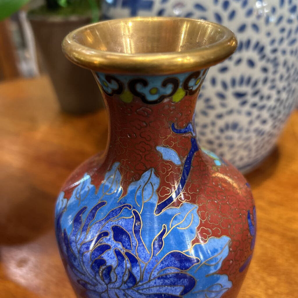 Chinese Cliosonne Enamel Vase 1920s-40s, Red Rust Background, Blue Peony.