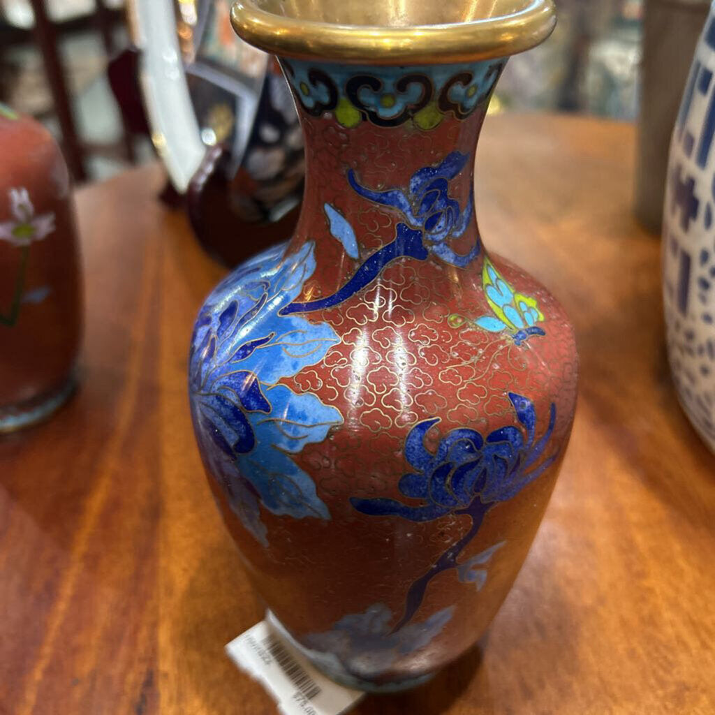 Chinese Cliosonne Enamel Vase 1920s-40s, Red Rust Background, Blue Peony.