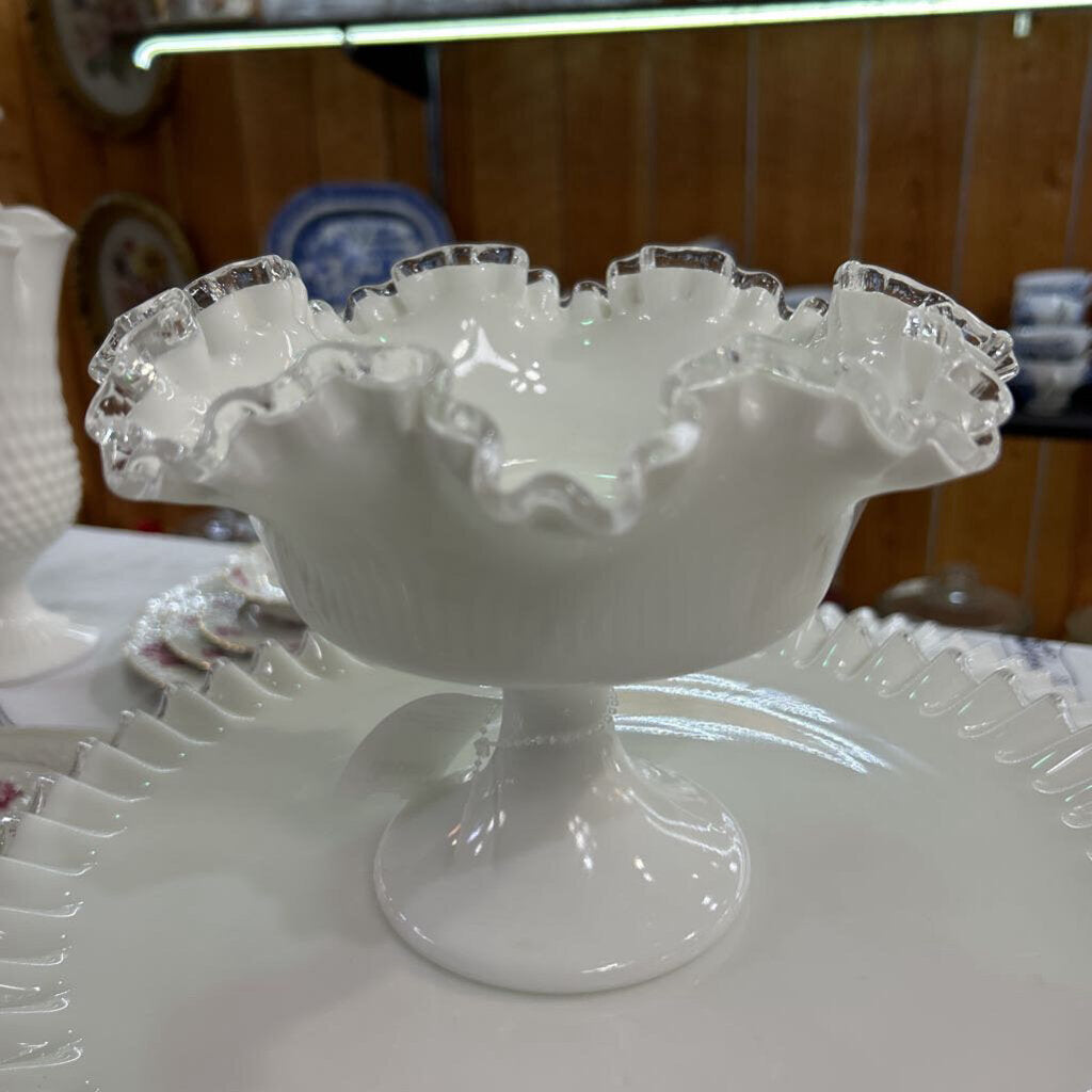 Fenton Silver Crest, Milk Glass Ruffled Pedestal Compote Bowl
