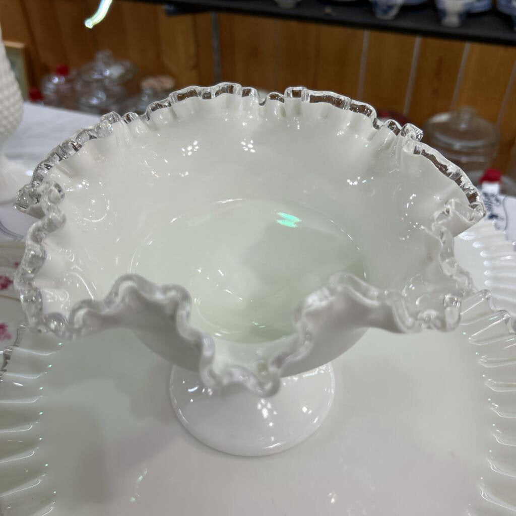 Fenton Silver Crest, Milk Glass Ruffled Pedestal Compote Bowl