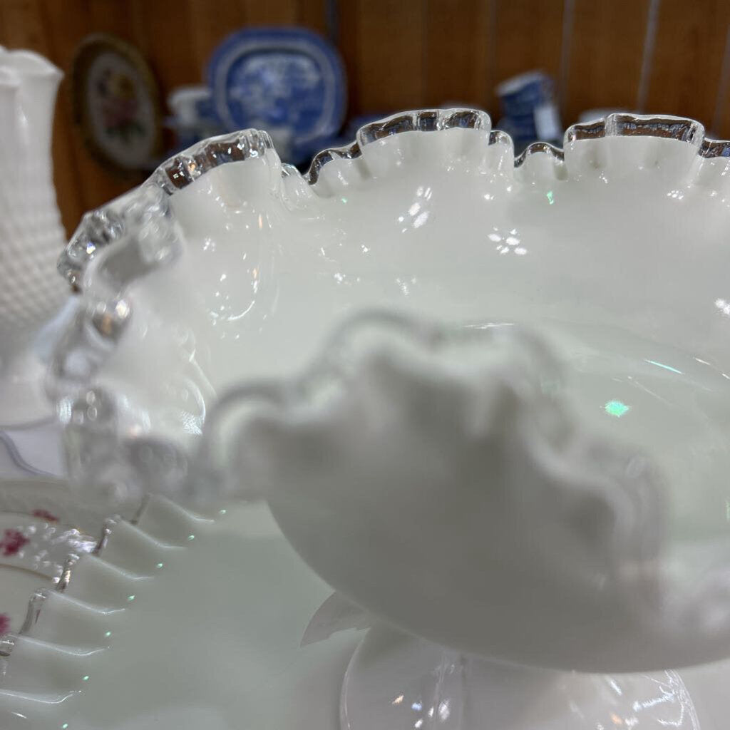Fenton Silver Crest, Milk Glass Ruffled Pedestal Compote Bowl