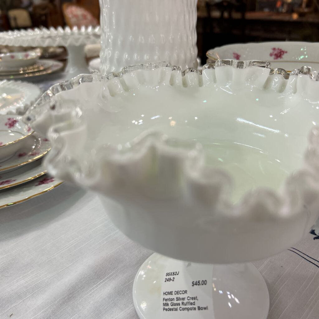 Fenton Silver Crest, Milk Glass Ruffled Pedestal Compote Bowl