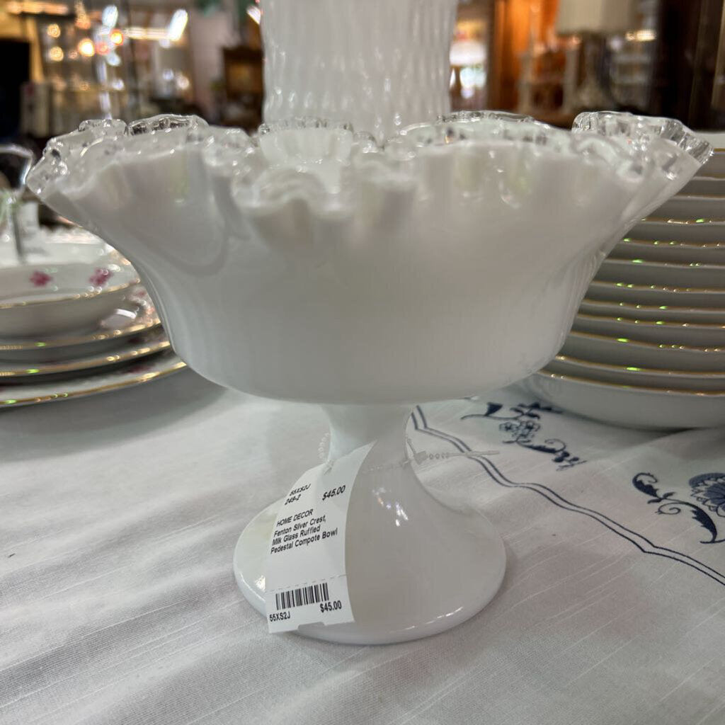 Fenton Silver Crest, Milk Glass Ruffled Pedestal Compote Bowl