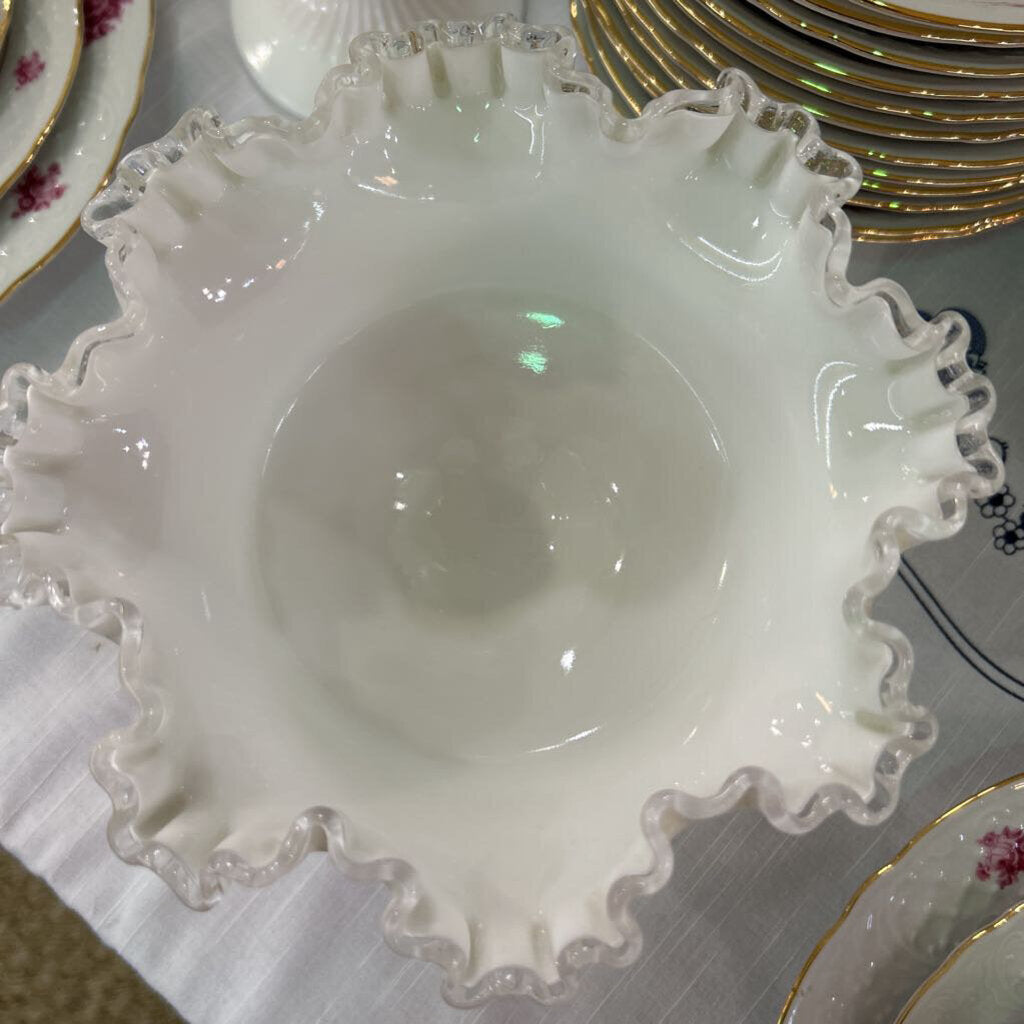 Fenton Silver Crest, Milk Glass Ruffled Pedestal Compote Bowl