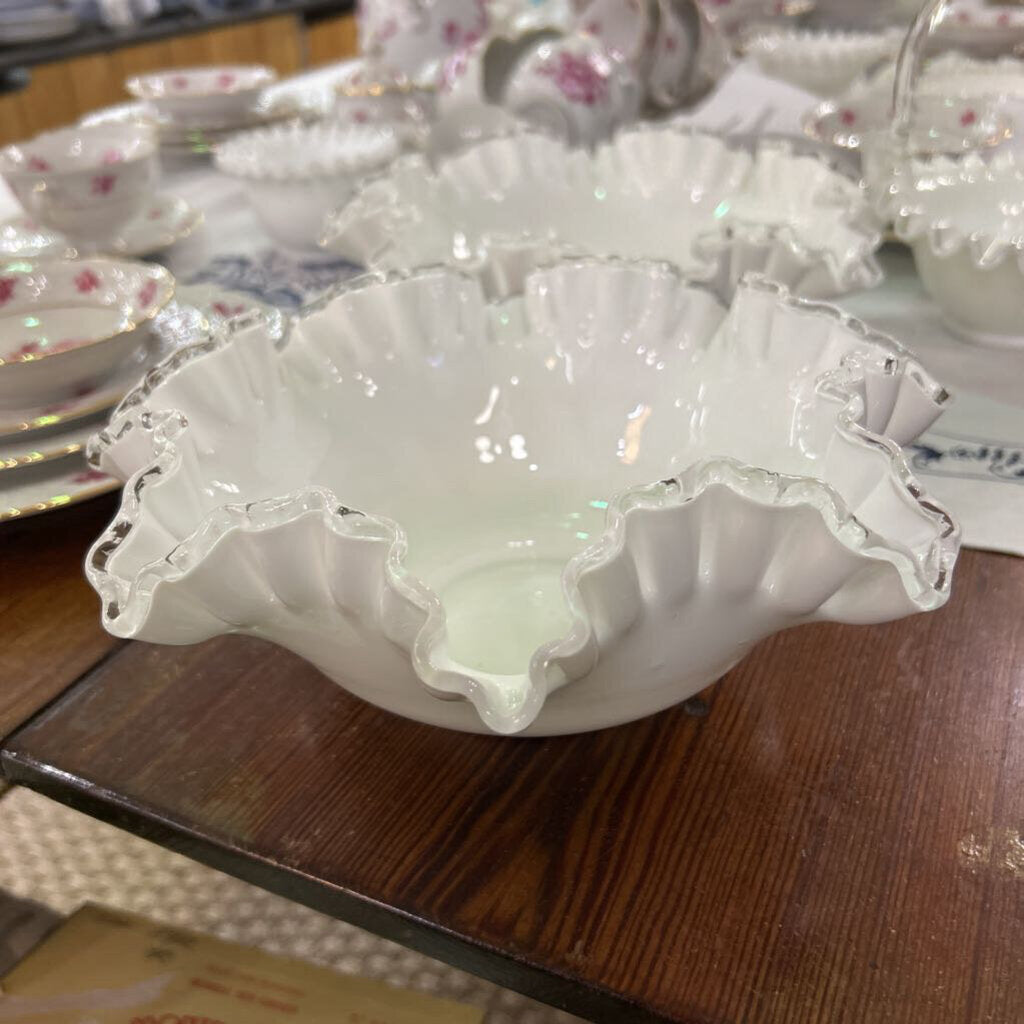 Fenton Silver Ctest Milk Glass Bowl, Ruffle Edge.