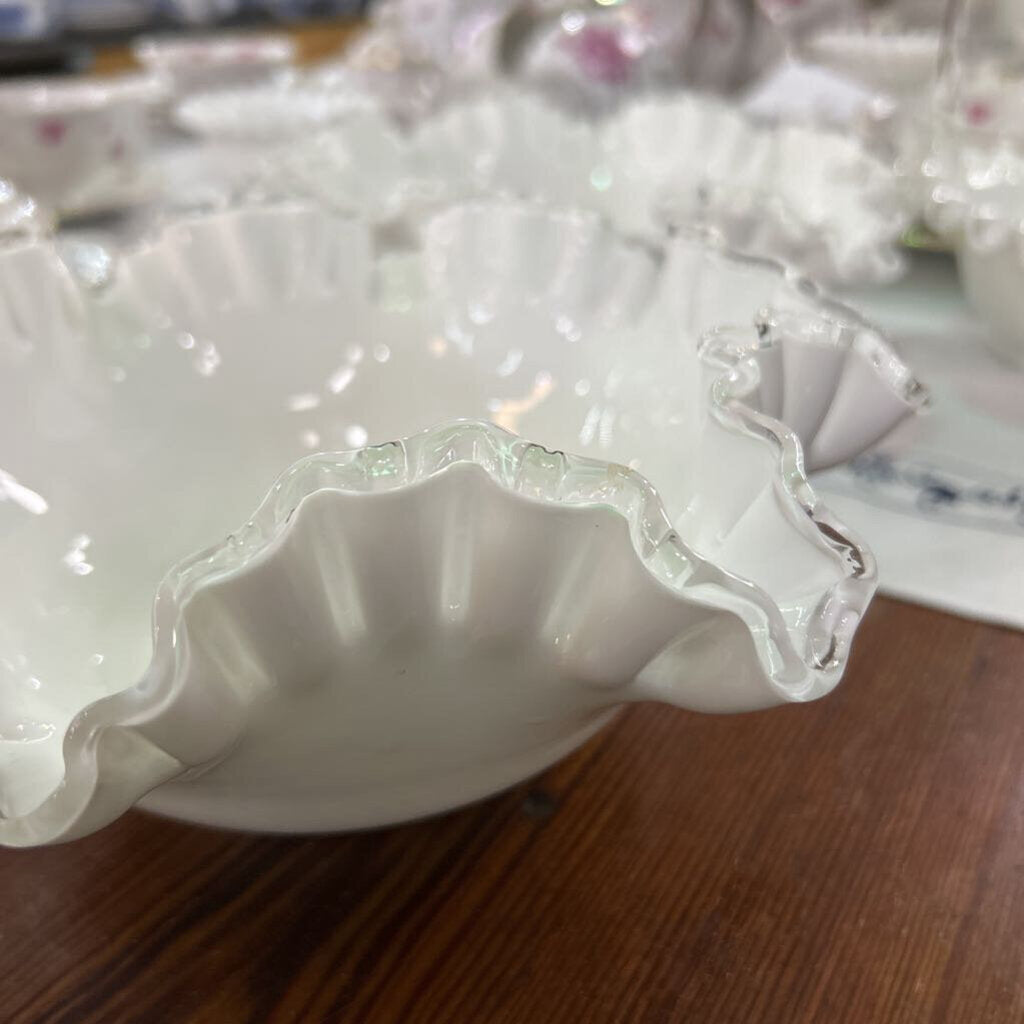 Fenton Silver Ctest Milk Glass Bowl, Ruffle Edge.