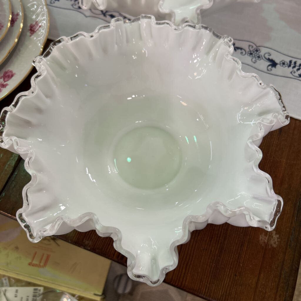 Fenton Silver Ctest Milk Glass Bowl, Ruffle Edge.