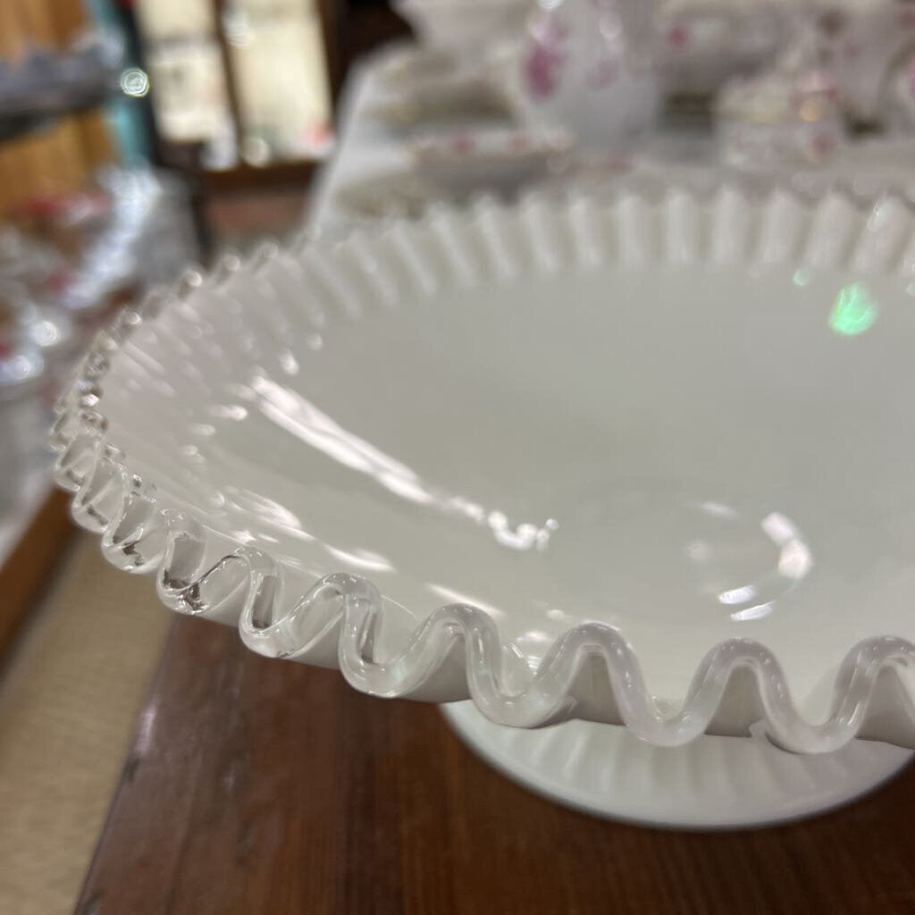 Fenton Silver Crest, Milk Glass Ruffle Edge Footed Console Bowl 1958-69.