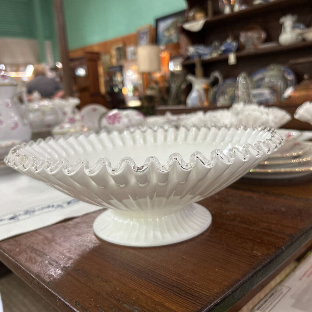 Fenton Silver Crest, Milk Glass Ruffle Edge Footed Console Bowl 1958-69.