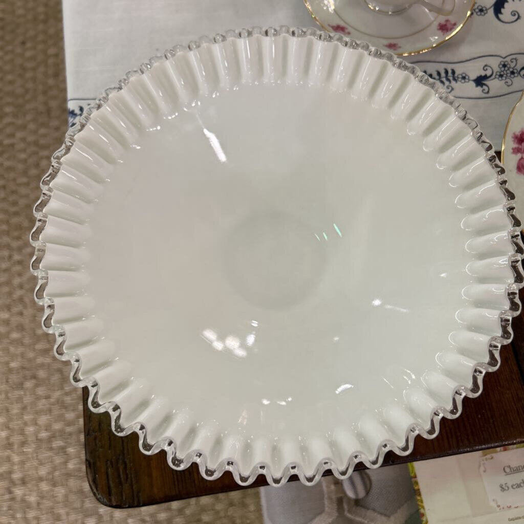 Fenton Silver Crest, Milk Glass Ruffle Edge Footed Console Bowl 1958-69.