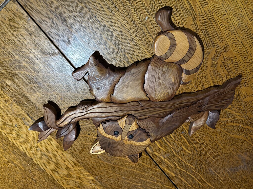 Intarsia wood Raccoon wall decor; Atr. to W.F. Foelach