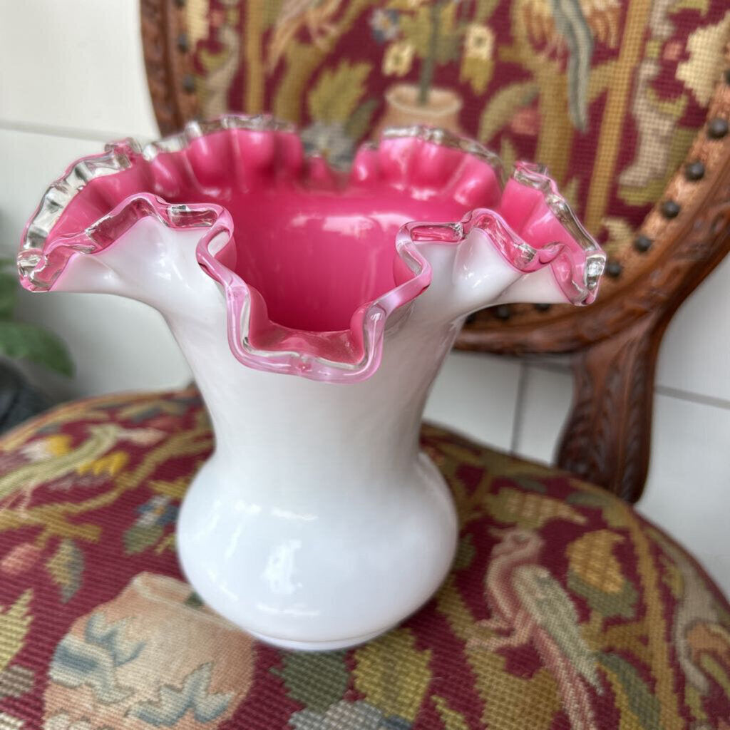 Fenton Peach Crest ruffle edge milk glass vase *as is*