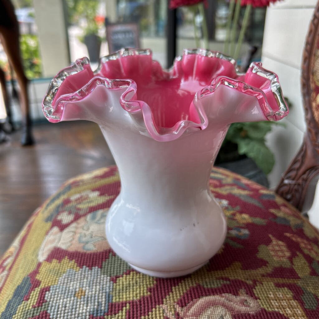 Fenton Peach Crest ruffle edge milk glass vase *as is*