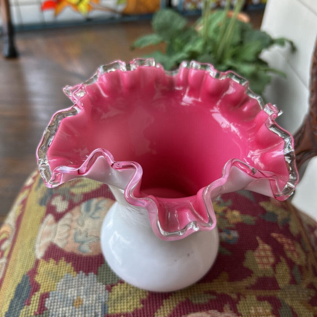 Fenton Peach Crest ruffle edge milk glass vase *as is*