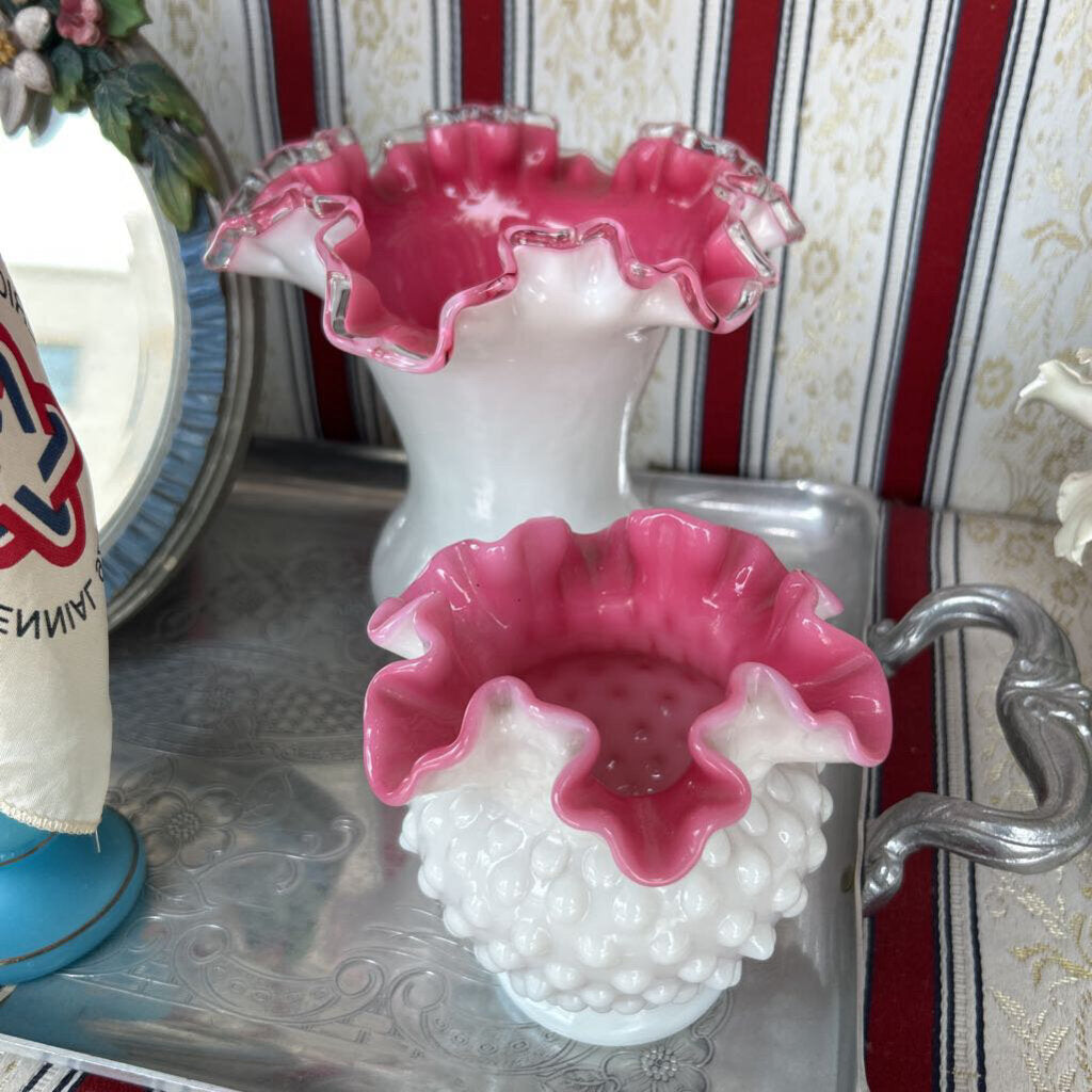 Fenton Peach Crest ruffle edge milk glass vase *as is*