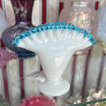 Fenton Small Fan Vase, White Milk Glass "blue ruffle edge".