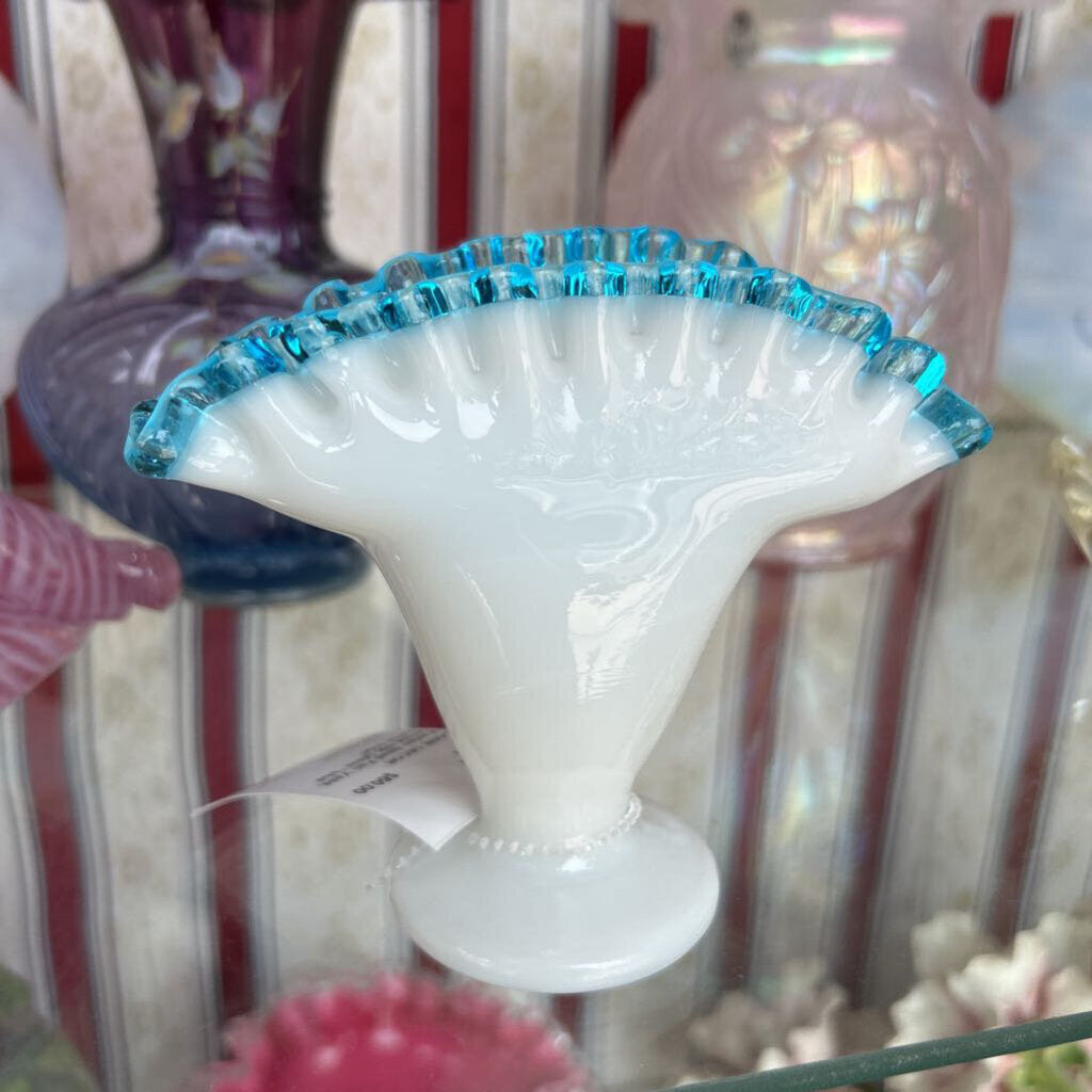 Fenton Small Fan Vase, White Milk Glass "blue ruffle edge".