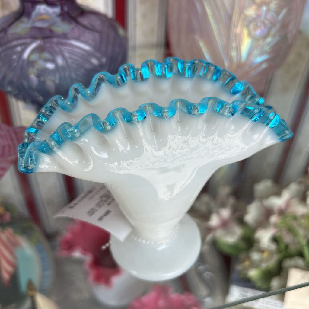 Fenton Small Fan Vase, White Milk Glass "blue ruffle edge".