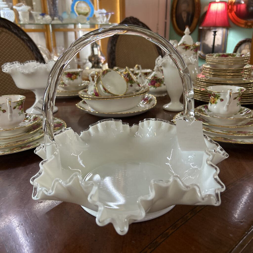 Fenton Silver Crest White Milk Glass, Ruffle Edge with Clear Handle