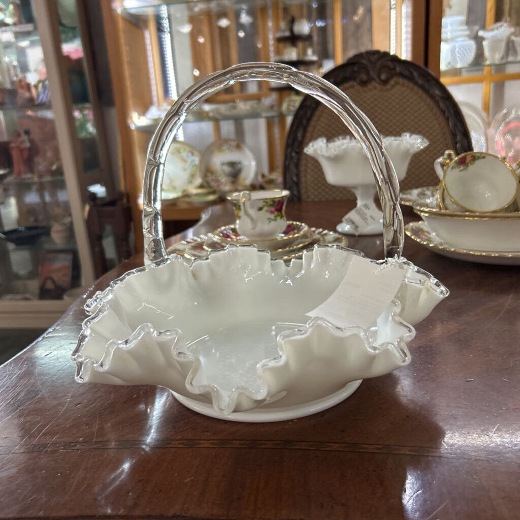 Fenton Silver Crest White Milk Glass, Ruffle Edge with Clear Handle