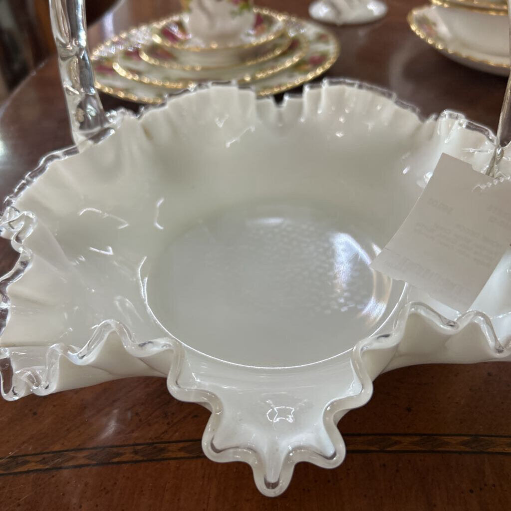 Fenton Silver Crest White Milk Glass, Ruffle Edge with Clear Handle