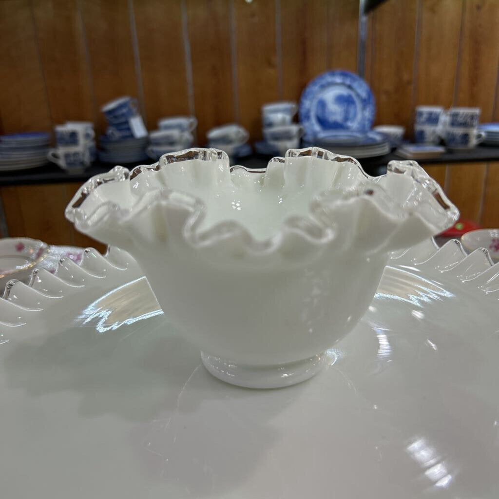 Fenton Silver Crest Milk Glass, Ruffle Edge Rim Bowl.