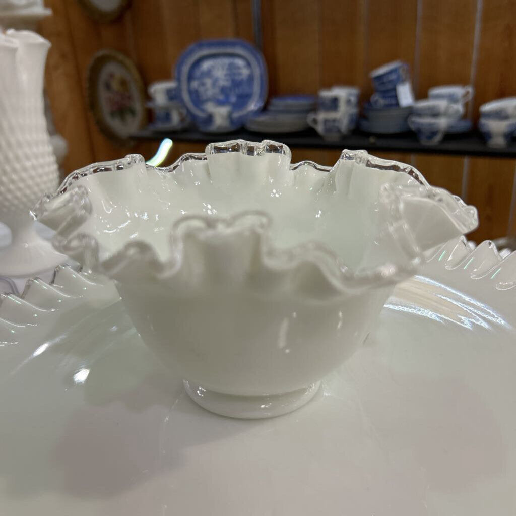 Fenton Silver Crest Milk Glass, Ruffle Edge Rim Bowl.