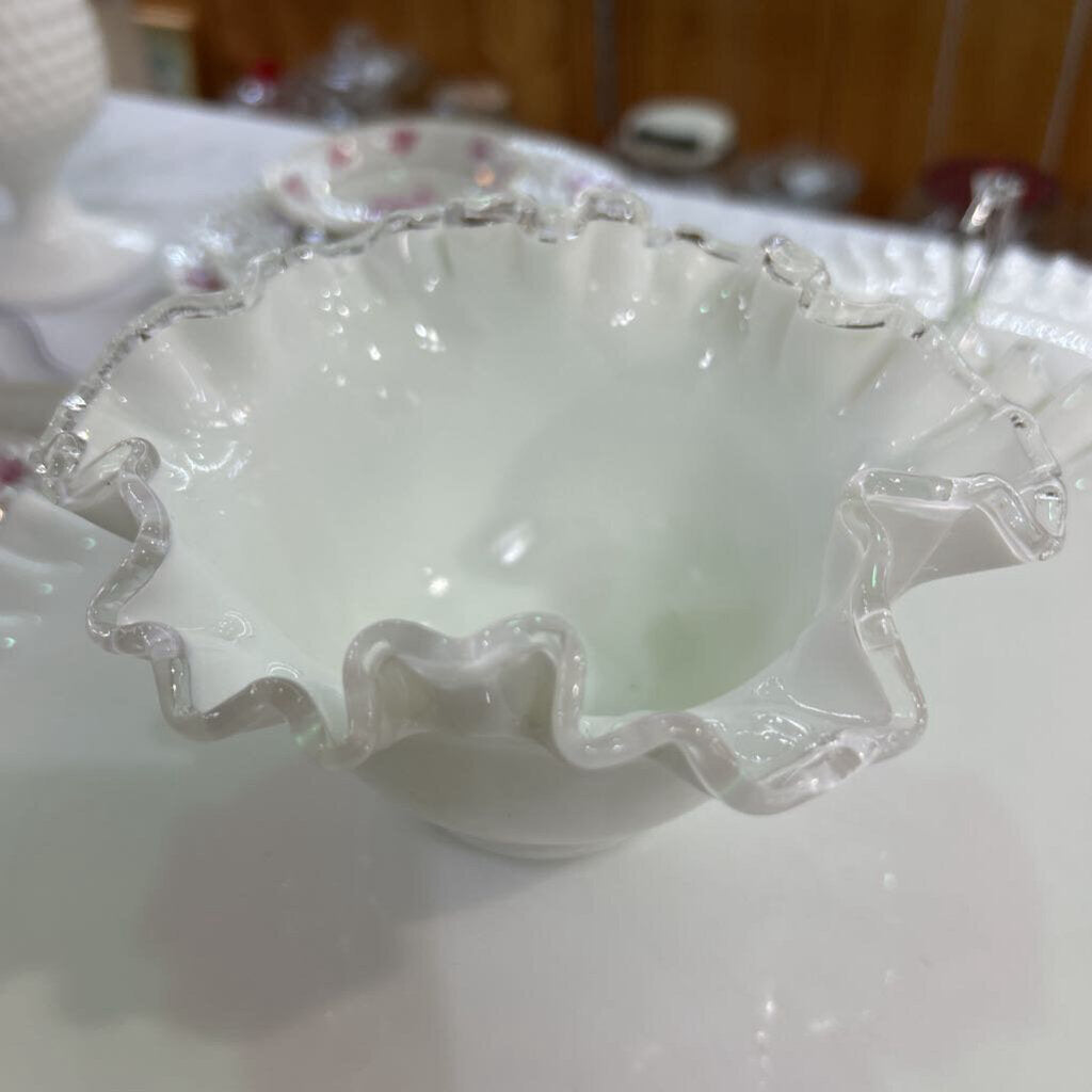 Fenton Silver Crest Milk Glass, Ruffle Edge Rim Bowl.