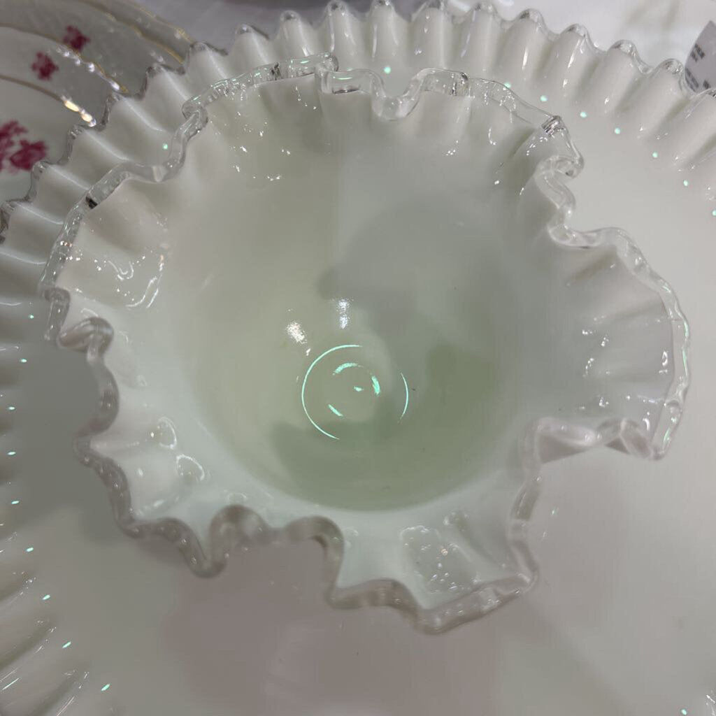 Fenton Silver Crest Milk Glass, Ruffle Edge Rim Bowl.