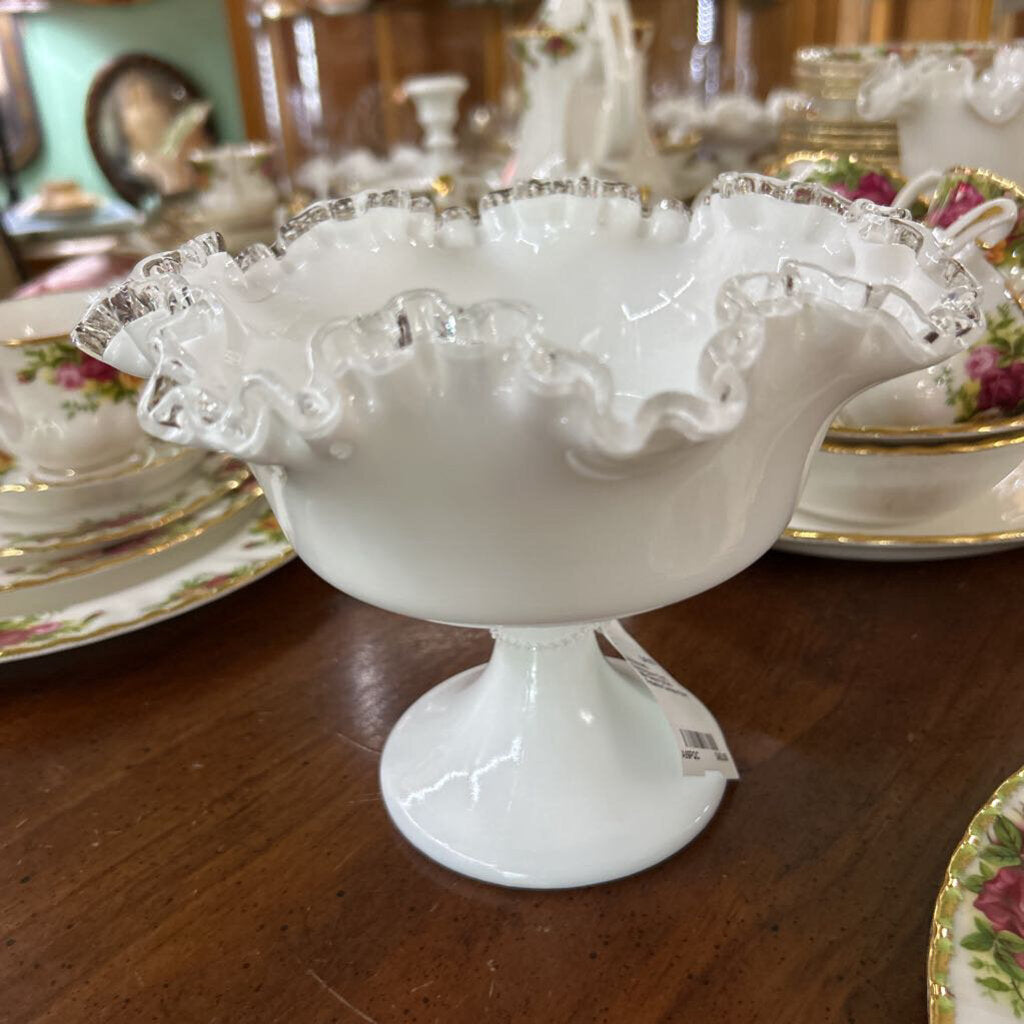 Fenton Silver Crest, Milk Glass Ruffled Pedestal Compote Bowl