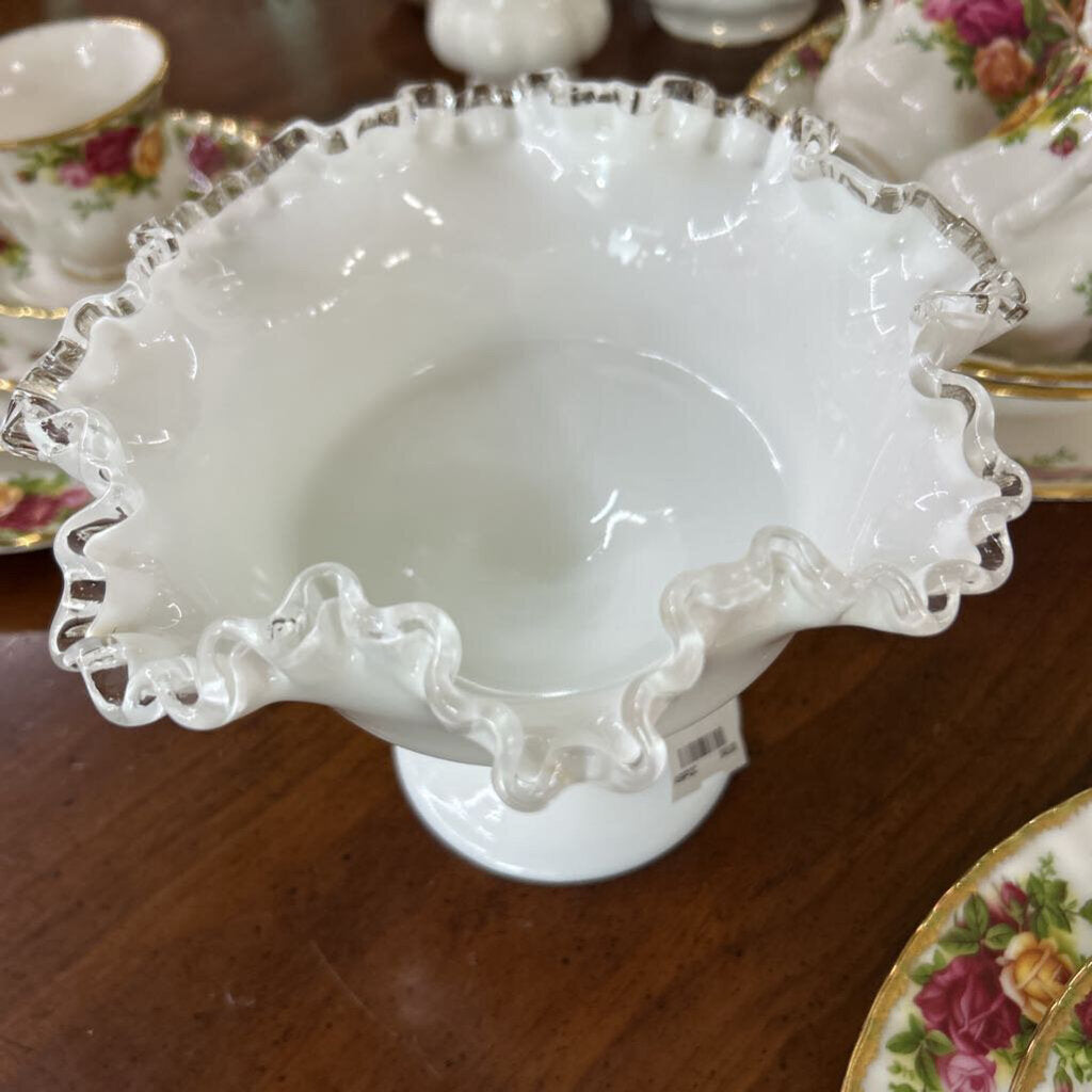 Fenton Silver Crest, Milk Glass Ruffled Pedestal Compote Bowl